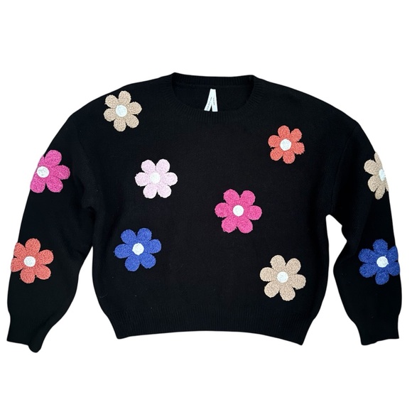 Dreamers Sweaters - Black Boucle Daisy Knit Sweater Plush Floral Pullover Medium